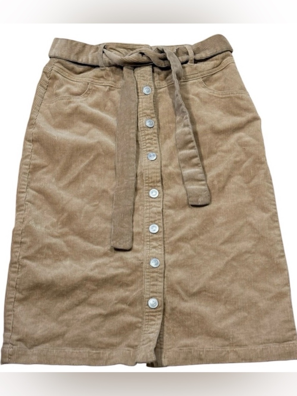 Tan Corduroy Button-Front Midi Skirt with Tie Waist - Picture 2 of 8